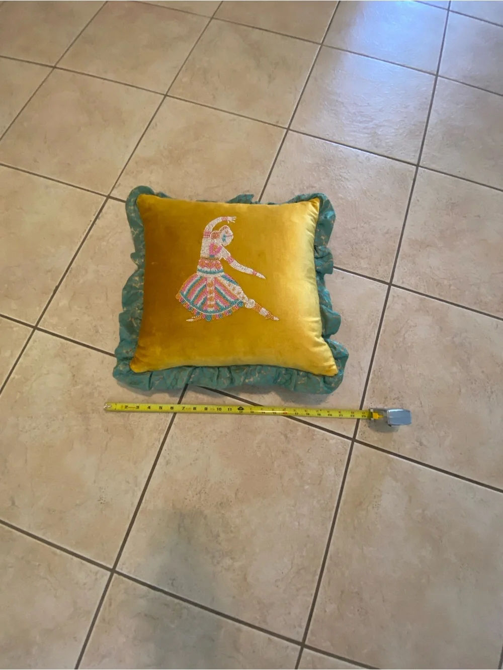 Embroidered Dancer Velvet Throw Pillow in Mustard Yellow with Teal Ruffle